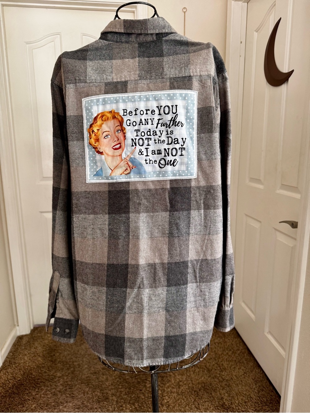 Upcycled Gray & Tan Plaid Button- Long Sleeve -With Funny Patch on Back.